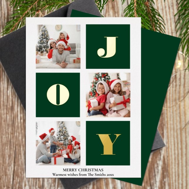 JOY Elegant Gold Snowflakes Modern Script Photo Foil Holiday Card (Creator Uploaded)
