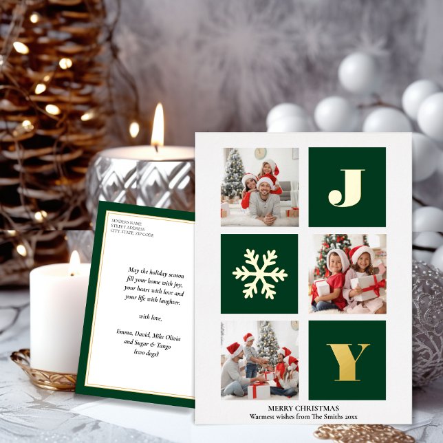 JOY Elegant Gold Snowflakes Modern Script Photo   Foil Holiday Postcard (Creator Uploaded)