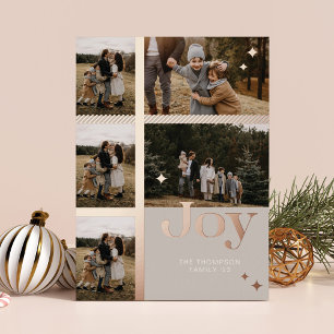 Joy Elegant Plaid 5 Family Photo Plaid Collage Foil Holiday Card