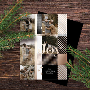 Joy Elegant Plaid 5 Family Photo Plaid Collage Foil Holiday Card