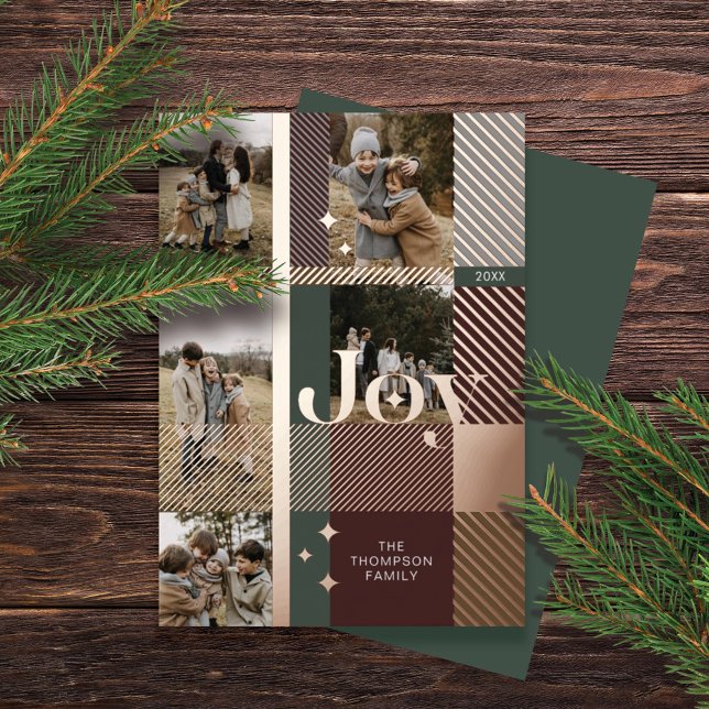 Joy Elegant Plaid 5 Family Photo Plaid Collage Foil Holiday Card (Creator Uploaded)