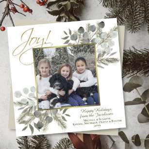Joy! Elegant Sage & Gold Winter Greenery w/ Photo Holiday Card