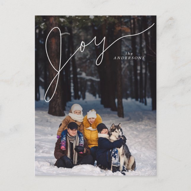 Joy Elegant Script with Family Photo Holiday Postcard (Front)