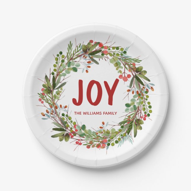 Joy-Elegant Wreath Personalized  Paper Plate (Front)
