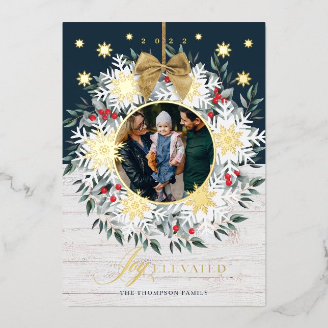 Joy Elevated Photo Snowflake Wreath White Shiplap Foil Holiday Card (Front)