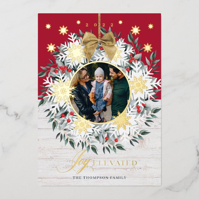 Joy Elevated Photo Snowflake Wreath White Shiplap Foil Holiday Card (Front)