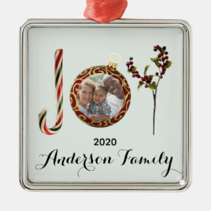 Joy family name and photo in Christmas ornament