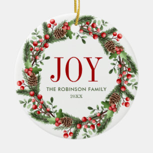 Joy Family Name Christmas Wreath Ceramic Ornament