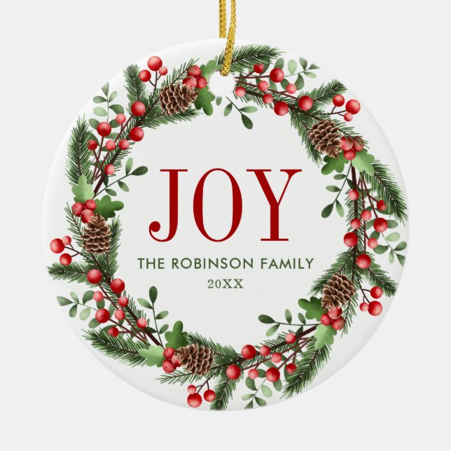 Joy Family Name Christmas Wreath Ceramic Ornament (Front)