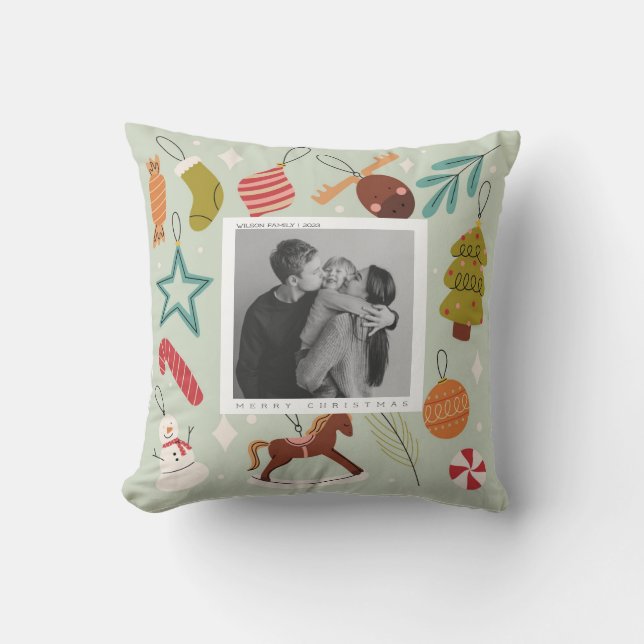 Joy Family Photo  christmas holiday postcard Throw Pillow (Front)