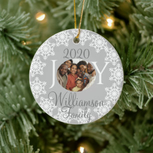 JOY Family Photo Silver Grey White Snowflakes V Ceramic Ornament
