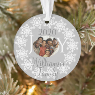 JOY Family Photo Silver Grey White Snowflakes V Ornament