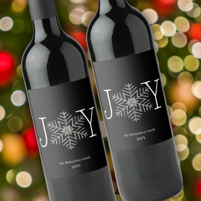 Joy Faux Glittery Silver Snowflake Favour Gift Wine Label (Creator Uploaded)