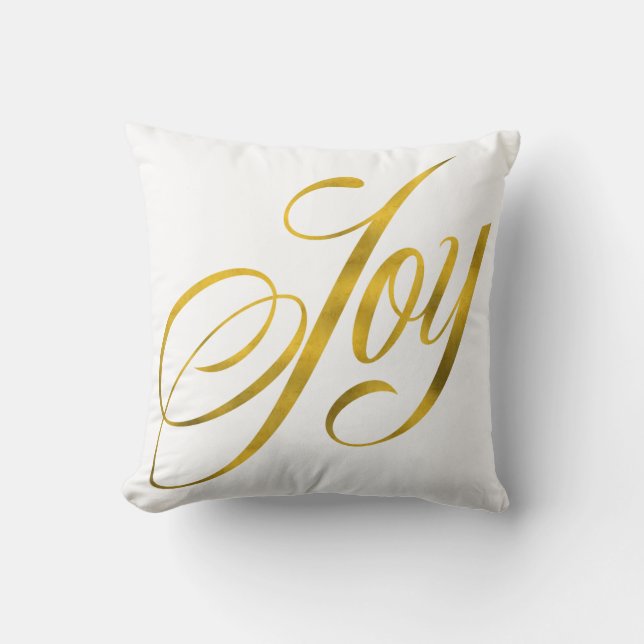 Joy Faux Gold Foil Christmas Script Lettering Text Throw Pillow (Front)