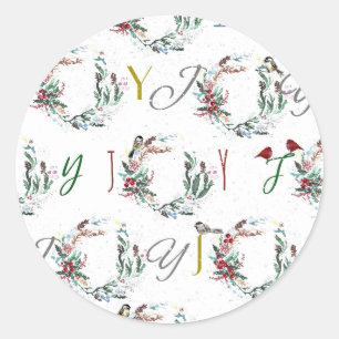 JOY Festive Bird Wreaths Classic Round Sticker