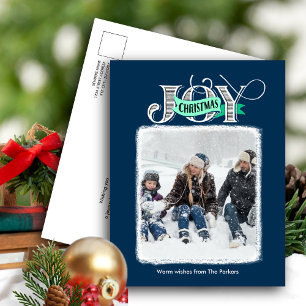 JOY Festive Blue Modern Script Christmas Photo Holiday Postcard