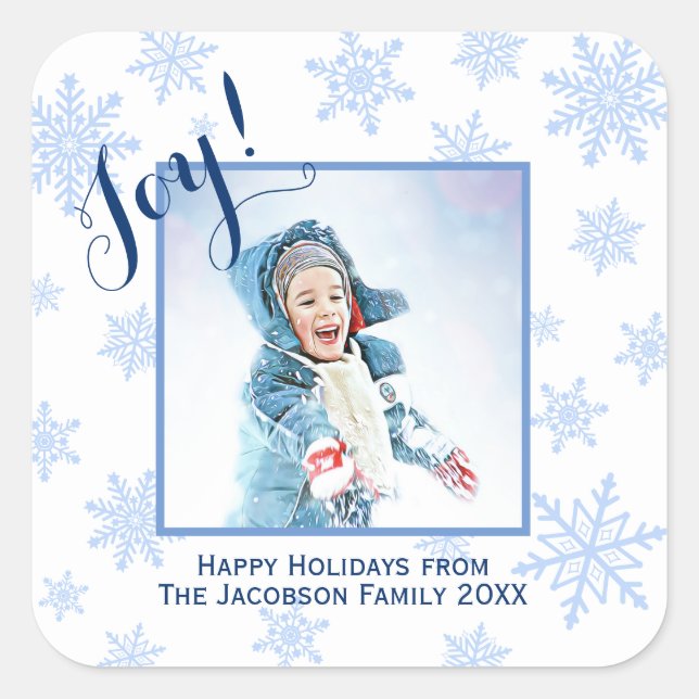 Joy! Festive Blue Snowflakes Happy Holidays Photo Square Sticker (Front)