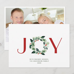JOY Festive Holly Berry Wreath Christmas Greeting  Holiday Card