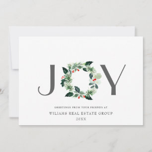 JOY Festive Holly Berry Wreath Christmas Greeting Holiday Card