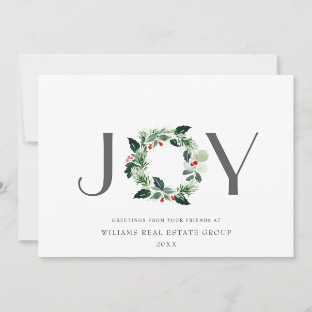 JOY Festive Holly Berry Wreath Christmas Greeting Holiday Card (Front)