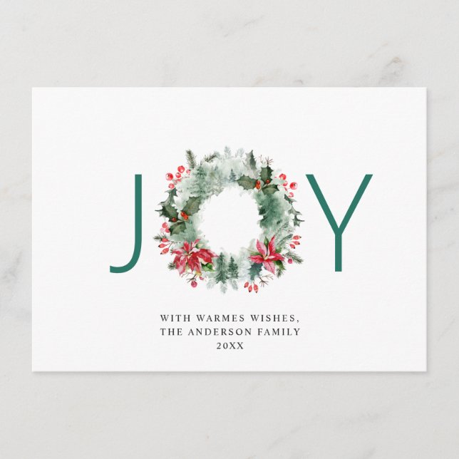 JOY Festive Holly Berry Wreath Christmas Greeting Holiday Card (Front)