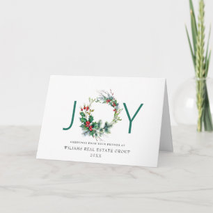 JOY Festive Holly Berry Wreath Christmas Greeting Holiday Card
