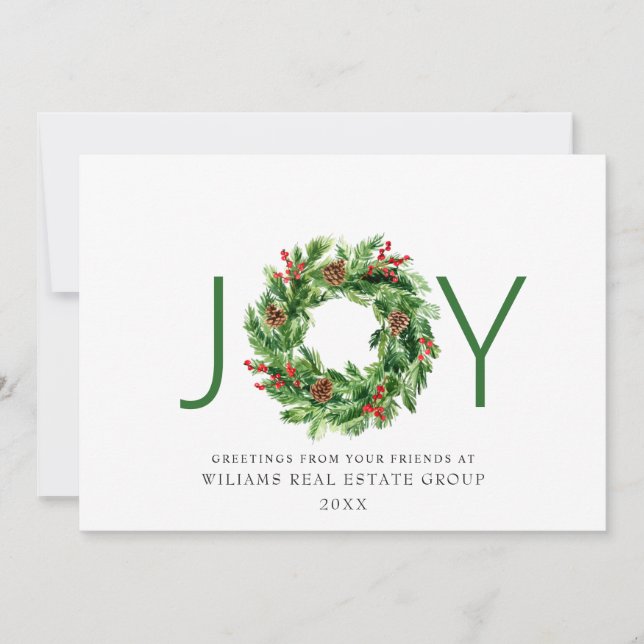 JOY Festive Holly Berry Wreath Christmas Greeting Holiday Card (Front)