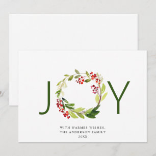 JOY Festive Holly Berry Wreath Christmas Greeting Holiday Card