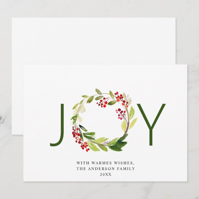 JOY Festive Holly Berry Wreath Christmas Greeting Holiday Card (Front/Back)