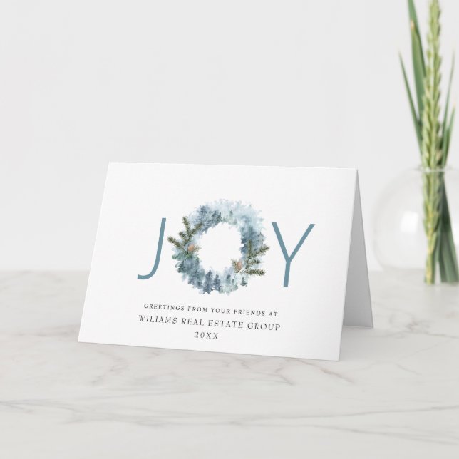 JOY Festive Holly Berry Wreath Christmas Greeting Holiday Card (Front)