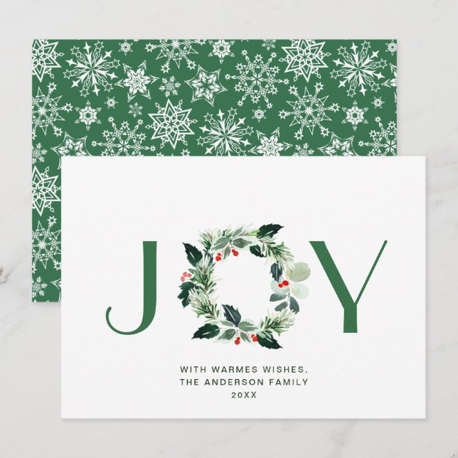 JOY Festive Holly Berry Wreath Christmas Greeting Holiday Card (Front/Back)