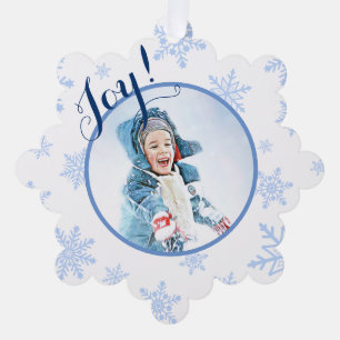 Joy! Festive Pale Blue Snowflakes Holiday Photo Ornament Card