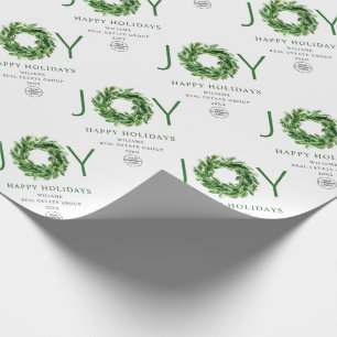Joy Festive Pine Branch Wreath Holiday Christmas Wrapping Paper