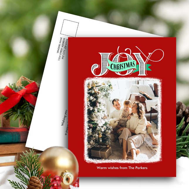 JOY Festive Red Modern Script Christmas Photo Holiday Postcard (Creator Uploaded)