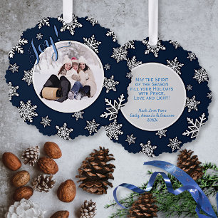 Joy! Festive Snowflakes on Navy Blue Holiday Photo Ornament Card