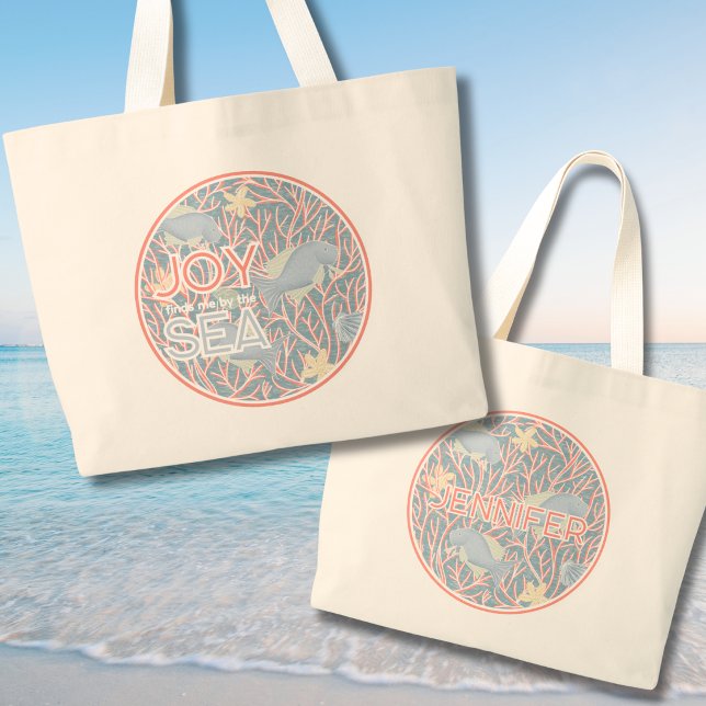 Joy Finds Me By The Sea – Boho Beach  Large Tote Bag (Modern Coastal Charm Personalized Beach Tote Bag - Joy Finds Me By The Sea)