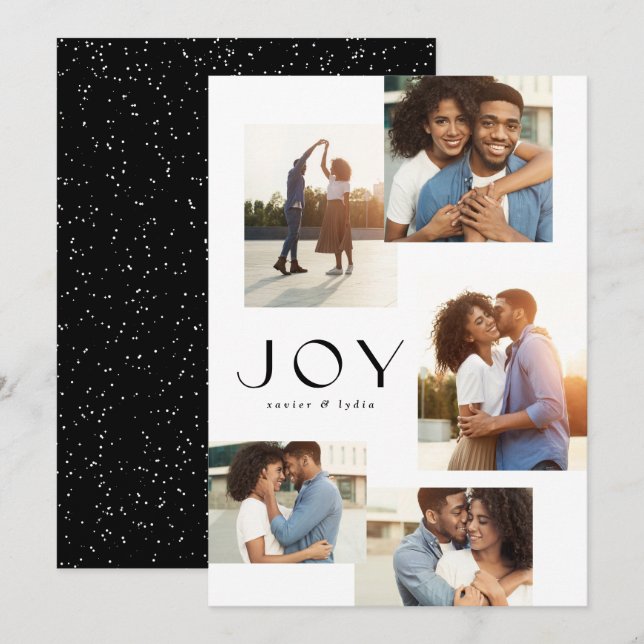 Joy five photo collage black and white Christmas Holiday Card (Front/Back)
