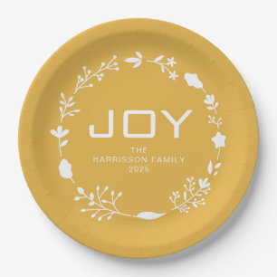 Joy Floral Christmas Wreath Family Custom Name Paper Plate