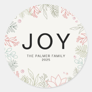 Joy - Floral Christmas Wreath Family Name Classic Round Sticker