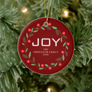 Joy Floral Christmas Wreath Family Name Photo Ceramic Ornament