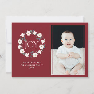 Joy Floral Wreath Blush Burgundy Christmas Photo Holiday Card