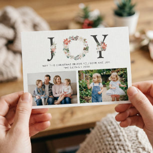 JOY Floral Wreath Holly Berries 2 Photos Christmas Holiday Card