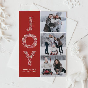 JOY Foliage Lettering Red Photo Collage Holiday Card