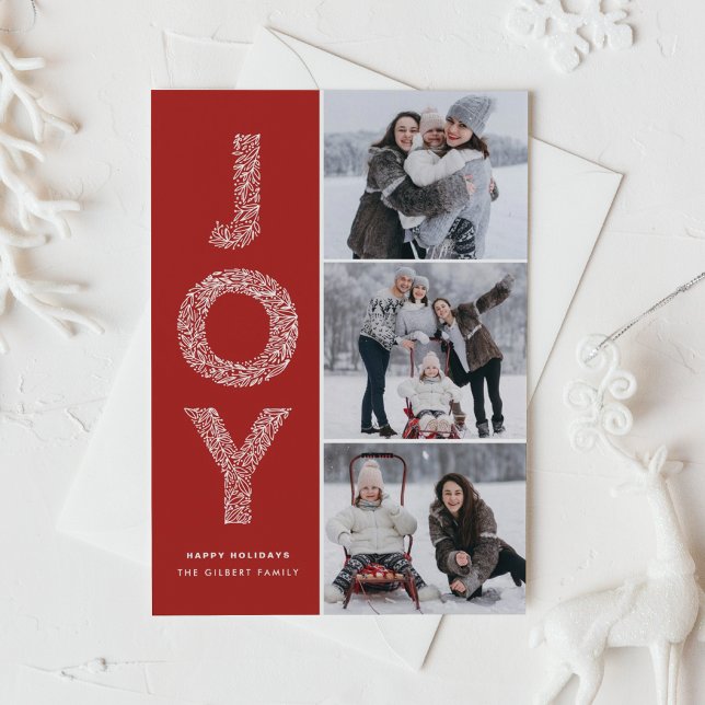 JOY Foliage Lettering Red Photo Collage Holiday Card (Creator Uploaded)