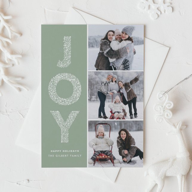 JOY Foliage Lettering Sage Green Photo Collage Holiday Card (Creator Uploaded)