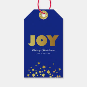 Joy Fun Christmas Blue & Gold Gift Tags