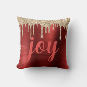 Joy Glitter Dripping Red Blushed Metal Script Throw Pillow