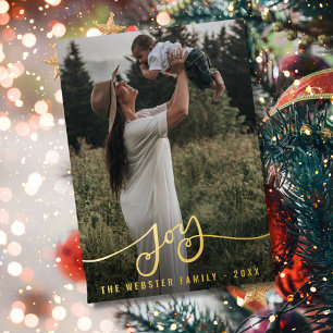Joy Gold Brush Script Red Personalized Photo Gold Foil Holiday Card