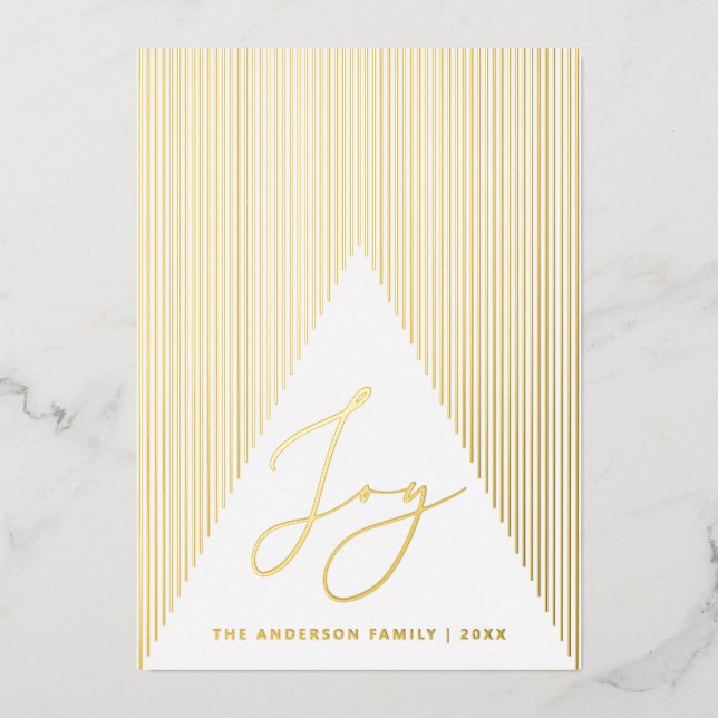 Joy. Gold Christmas modern geometric winter tree Foil Holiday Card (Front)