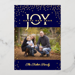 JOY Gold Confetti Dark Blue Happy New Year 2-Photo Foil Holiday Card